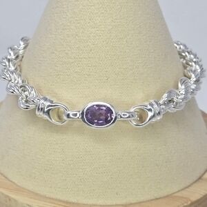Sterling Silver Rope‎ Chain Bracelet Oval Amethyst Lobster Clasp 7.5" 7mm 17g
